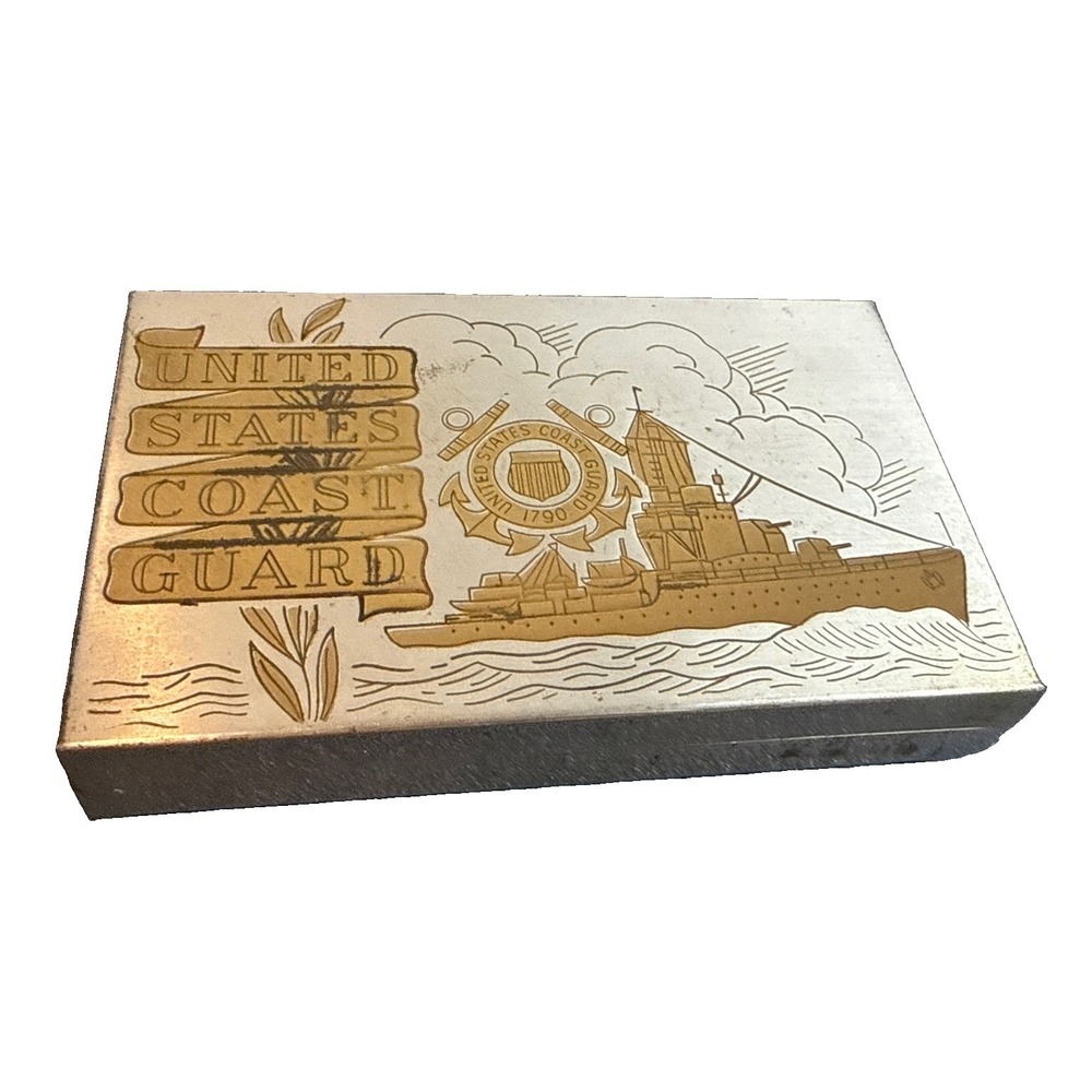 WWII US Coast Guard Sweetheart Metal Brass Tabletop Dresser Box Ball Feet Plated